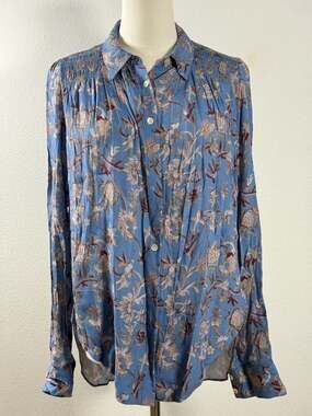 Veronica Beard Blue Floral Print Smocked Yoke Rayon Button-Down Shirt